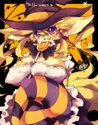 Rule 34 | 1girl, blonde hair, candy, copyright request, dog, food, furry, halloween, halloween costume, hat, inumimi-syndrome, purple eyes, witch hat