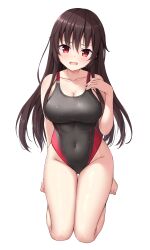 Rule 34 | 1girl, absurdres, arm behind back, bare arms, bare shoulders, black one-piece swimsuit, blush, breasts, brown hair, cleavage, collarbone, commentary request, commission, competition swimsuit, covered navel, full body, hair between eyes, hand up, highleg, highleg swimsuit, highres, kneeling, kuroki michi, large breasts, long hair, looking at viewer, multicolored clothes, multicolored swimsuit, ncontrail (mgax7527), nora to oujo to noraneko heart, one-piece swimsuit, open mouth, red eyes, shiny skin, simple background, skeb commission, smile, solo, straight hair, swimsuit, thigh gap, thighs, toes, very long hair, white background