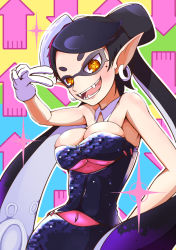 Rule 34 | + +, 1girl, arrow (symbol), bare shoulders, black hair, breasts, callie (splatoon), cleavage, covered navel, detached collar, earrings, fangs, gloves, inkling, jewelry, large breasts, mole, mole under eye, nintendo, onio, open mouth, pointy ears, short jumpsuit, splatoon (series), splatoon 1, strapless, symbol-shaped pupils, tentacle hair, tentacles, v, v over eye, yellow eyes
