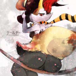 Rule 34 | 1girl, adjusting clothes, adjusting headwear, arm up, ass, black hat, braixen, breasts, character name, cleft of venus, creatures (company), female focus, from behind, furry, furry female, game freak, gen 6 pokemon, grey background, half-closed eyes, hat, highres, japanese text, looking at viewer, nintendo, pokemon, pokemon (creature), pussy, red eyes, scarf, simple background, sitting, small breasts, solo, tanuk kun, translated, uncensored, witch hat, yellow scarf