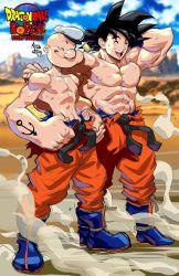 Rule 34 | 2020, 2boys, :d, abs, anchor tattoo, arm behind head, arm tattoo, artist name, bald, belt, black belt, black hair, blue footwear, blue wristband, boots, closed eyes, collarbone, commentary, copyright name, crossover, dragon ball, dust, dust cloud, english commentary, full body, hand on another&#039;s shoulder, hands on own legs, hat, highres, jpeg artifacts, male focus, marcus williams, multiple boys, muscular, muscular male, open mouth, orange pants, pants, pectorals, pipe in mouth, popeye, popeye the sailor, sailor hat, signature, smile, smoking pipe, son goku, spiked hair, standing, sweatdrop, tattoo, topless male, wasteland, wristband