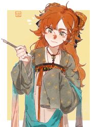 Rule 34 | 1girl, a xing, alternate costume, blush, calligraphy brush, chinese clothes, confused, green eyes, hair ribbon, highres, holding, holding brush, holding calligraphy brush, holding paintbrush, jade (gemstone), lock necklace, long hair, orange hair, paintbrush, reverse:1999, ribbon, solo, sonetto (reverse:1999)