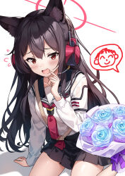 Rule 34 | 1girl, absurdres, animal ear fluff, animal ears, black hair, black sailor collar, black skirt, blue archive, blue flower, bouquet, breasts, commentary request, doodle sensei (blue archive), double-parted bangs, flower, hair between eyes, halo, hand to own mouth, headset, highres, ice laozei, long hair, long sleeves, looking at flowers, medium breasts, neckerchief, open mouth, pink halo, pink headphones, pleated skirt, red eyes, red neckerchief, sailor collar, school uniform, sensei (blue archive), serafuku, shirt, simple background, sitting, skirt, small breasts, solo, wariza, white background, white shirt, yukino (blue archive)