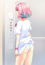 Rule 34 | 1girl, aqua hair, arms at sides, ass, blouse, blurry, blurry background, blush, breasts, choker, closed mouth, earrings, elevator, from behind, from side, highres, idolmaster, idolmaster cinderella girls, indoors, jewelry, juke, light frown, multicolored hair, no pants, panties, pill earrings, pink choker, pink eyes, pink hair, profile, shirt, short hair, short sleeves, sidelocks, solo, standing, t-shirt, thighs, two-tone hair, underwear, wedgie, white shirt, wristband, yumemi riamu