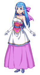 Rule 34 | 1girl, 774 (nanashi), bare shoulders, blue eyes, blue hair, bow, bracelet, braid, braided updo, choker, dragon quest, dragon quest heroes, dragon quest v, dress, earrings, elbow gloves, flora (dq5), full body, gloves, hair bow, jewelry, long hair, lowres, matching hair/eyes, open mouth, pink bow, pixel art, smile, solo, white background