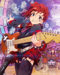 Rule 34 | &gt;:d, &gt; &lt;, 10s, 2girls, :d, blue eyes, brown hair, closed eyes, detached sleeves, drum, drum set, garter straps, guitar, idolmaster, idolmaster million live!, instrument, julia (idolmaster), matsuda arisa, microphone, mouth hold, multiple girls, music, musical note, official art, open mouth, playing instrument, short hair, skirt, smile, snowflakes, stage, star (symbol), teeth hold, thighhighs, twintails, v-shaped eyebrows