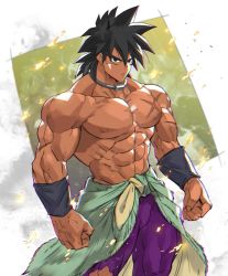 Rule 34 | 1boy, abs, bara, black eyes, black hair, broly (dragon ball super), cowboy shot, dragon ball, dragon ball super, dragon ball super broly, large pectorals, looking at viewer, male focus, muscular, nikism, nipples, pectorals, scar, topless male, solo, spiked hair, thighs, upper body, wristband