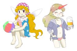 Rule 34 | 2girls, :d, ^ ^, alcohol, alternate hairstyle, american flag bikini, ball, bare legs, barefoot, beachball, beer, beer mug, bikini, blonde hair, blush, closed eyes, clownpiece, cropped legs, cuffs, cup, fairy, fairy wings, flag print, flat chest, grey jacket, hair ornament, hair scrunchie, holding, holding ball, holding beachball, hood, hooded jacket, horns, hoshiguma yuugi, jacket, long hair, mug, multiple girls, navel, nonamejd, official style, oni, open clothes, open jacket, open mouth, pink eyes, polka dot, polka dot headwear, polka dot scrunchie, red horns, scrunchie, shackles, simple background, single horn, smile, swim cap, swimsuit, touhou, twintails, very long hair, white background, white wings, wings, zun (style)