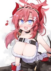 Rule 34 | 1girl, alfau, blue archive, blue eyes, blush, breasts, choker, cleavage, demon horns, demon wings, female focus, gloves, goggles, goggles on head, hair ornament, halo, hand on own hip, highres, horns, large breasts, megu (blue archive), musical note, open mouth, ponytail, red hair, simple background, tank top, wings
