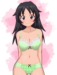 Rule 34 | 1girl, black hair, blue eyes, blush, bra, breasts, cleavage, closed mouth, collarbone, freckles, girls und panzer, gogopaint, green bra, green panties, highres, large breasts, long hair, looking at viewer, navel, panties, shiny skin, simple background, smile, solo, underwear, yamagou ayumi
