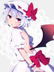Rule 34 | 1girl, backless dress, backless outfit, bat wings, bow, dress, fingernails, from side, grey background, hat, hat bow, highres, lace background, looking at viewer, mob cap, nail polish, open mouth, puffy short sleeves, puffy sleeves, red bow, red eyes, red nails, remilia scarlet, sharp fingernails, short hair, short sleeves, slit pupils, solo, touhou, waist bow, white dress, wings, wrist cuffs, you (noanoamoemoe)