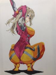 Rule 34 | 1girl, alternate breast size, arm up, ass, ass focus, blue eyes, bodysuit, breasts, brown hair, curvy, embarrassed, eyepatch, hair ornament, highres, huge ass, large breasts, leotard, lips, long hair, matusri art, neon genesis evangelion, orange bodysuit, plugsuit, red bodysuit, red leotard, shiny clothes, shiny skin, simple background, solo, souryuu asuka langley, squatting, stretching, traditional media, white background, wide hips