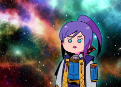 Rule 34 | 1girl, armor, blue eyes, character request, etrian odyssey, japanese armor, japanese clothes, long hair, motimamire, nebula, no nose, open mouth, photo background, ponytail, purple hair, solo, tassel, upper body