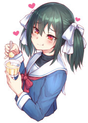 Rule 34 | 1girl, absurdres, bosshi, commentary request, cropped torso, eating, food, green hair, hair ribbon, heart, highres, holding, holding spoon, original, pudding, red eyes, ribbon, sailor collar, school uniform, serafuku, solo, spoon, turtleneck, twintails, upper body, white sailor collar, yu (bosshi)