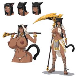 Rule 34 | 1girl, angry, animal ears, warrior of light (ff14), black hair, blunt bangs, breasts, cat ears, cat girl, cat tail, character sheet, cleavage, covered erect nipples, cowboy shot, curvy, dark areolae, dark skin, devil-v, expressions, final fantasy, final fantasy xiv, full body, grin, highres, huge breasts, jewelry, large areolae, large breasts, long hair, multiple views, naughty face, navel, neck ring, nipples, original, scythe, simple background, smile, standing, stomach, tail, thick thighs, thighs, weapon, white background, wide hips, yellow eyes