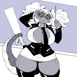 Rule 34 | 1girl, :o, absurdres, adjusting clothes, big hair, breasts, cleavage, curvy, dark-skinned female, dark skin, dragon tail, dragoontequila, glasses, highres, huge breasts, long hair, looking at viewer, miniskirt, monochrome, monster girl, original, pencil skirt, plump, simple background, skirt, solo, standing, tail, teacher, tequila (dragoontequila), thighs, twintails, wide hips, yellow eyes