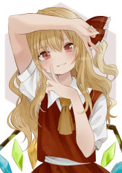 Rule 34 | 1girl, absurdres, alternate hair length, alternate hairstyle, arm up, ascot, blonde hair, blush, crystal, flandre scarlet, flat chest, frilled ribbon, frills, hair between eyes, hair ribbon, head tilt, highres, long hair, looking at viewer, no headwear, one side up, puffy short sleeves, puffy sleeves, red eyes, red ribbon, red skirt, red vest, ribbon, short sleeves, simple background, skirt, smile, solo, tegral (tegral 0510), touhou, v, vest, white background, wing collar, wings, yellow ascot