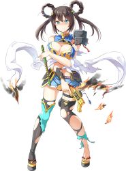 Rule 34 | 1girl, aqua eyes, bare shoulders, black hair, blush, boots, breasts, emerane, flute, full body, hair ornament, instrument, large breasts, looking at viewer, official art, oshiro project:re, oshiro project:re, short shorts, shorts, solo, takiyama (oshiro project), tearing up, thigh boots, thighhighs, torn boots, torn clothes, torn shorts, torn thighhighs, transparent background, twintails