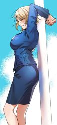 Rule 34 | 1girl, arms up, ass, blonde hair, blue background, blue jacket, blue skirt, blue theme, blush, bound, bound wrists, breasts, closed eyes, contemporary, ddrro, dungeon meshi, falin touden, falin touden (tallman), feet out of frame, from side, jacket, korean commentary, long sleeves, miniskirt, pencil skirt, pole, profile, restrained, short hair, skirt, smile, solo, standing, sweat