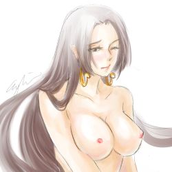 Rule 34 | 1girl, bare arms, bare shoulders, black hair, boa hancock, breasts, earrings, eykihan, female focus, jewelry, large breasts, lipstick, long hair, lowres, makeup, nipples, one eye closed, one piece, simple background, solo, topless frame, white background, wink