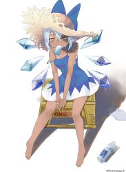 Rule 34 | 1girl, barefoot, blue bow, blue dress, blue eyes, blue hair, bow, cirno, crossed bangs, dark-skinned female, dark skin, dress, food, food in mouth, full body, gomashiopappa k, hair between eyes, hair bow, half-closed eyes, hat, highres, ice, ice wings, looking at viewer, mouth hold, popsicle, sitting, solo, strap slip, straw hat, tan, tanline, tanned cirno, touhou, wings