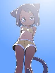 Rule 34 | 1girl, animal ears, arms behind back, asymmetrical bangs, bare shoulders, blue sky, bob cut, cat ears, cat hair ornament, cat tail, closed mouth, collarbone, day, dot nose, feet out of frame, flat chest, from below, grey eyes, grey hair, hair ornament, highres, light blush, light smile, looking at viewer, looking down, medium hair, navel, orenji (orenjipiiru), original, parted bangs, short shorts, shorts, sky, solo, spaghetti strap, split mouth, standing, straight hair, swept bangs, tail, tan, tanline, yellow crop top, yellow shorts