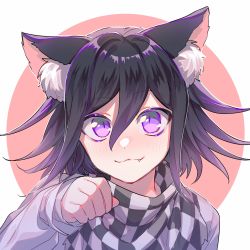 Rule 34 | 1boy, :3, animal ear fluff, animal ears, bad id, bad twitter id, black hair, blush, cat ears, checkered clothes, checkered scarf, commentary request, danganronpa (series), danganronpa v3: killing harmony, dot nose, fang, hair between eyes, highres, long sleeves, looking at viewer, male focus, nanin, oma kokichi, paw pose, portrait, purple eyes, scarf, short hair, simple background, sleeves past wrists, smile, solo, straitjacket