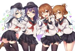 Rule 34 | 4girls, ;3, akatsuki (kancolle), anchor, anchor symbol, black legwear, black sailor collar, black skirt, blue eyes, blush, brown eyes, brown hair, closed mouth, commentary request, fang, flat cap, folded ponytail, hair between eyes, hair ornament, hairclip, hand on own hip, hat, hibiki (kancolle), ikazuchi (kancolle), inazuma (kancolle), kantai collection, loafers, long hair, long sleeves, looking at viewer, multiple girls, na070amou, neckerchief, one eye closed, open mouth, pantyhose, pleated skirt, purple eyes, purple hair, red neckerchief, sailor collar, school uniform, serafuku, shoes, short hair, silver hair, simple background, skirt, smile, standing, thighhighs