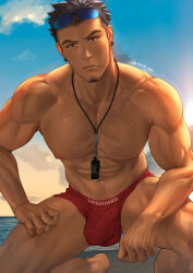 Rule 34 | 1boy, abs, bara, black hair, bulge, chest hair, closed mouth, earrings, eyewear on head, facial hair, highres, jewelry, large pectorals, lifeguard, male focus, male swimwear, male swimwear pull, mondi hl, muscular, muscular male, navel, nipples, original, pectoral cleavage, pectorals, range (mondi hl), red male swimwear, short hair, sideburns stubble, solo, squatting, stubble, thick thighs, thighs, topless male, twitter username, veins, veiny arms, whistle, whistle around neck