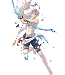 Rule 34 | 1boy, bow (weapon), fire emblem, fire emblem fates, fire emblem heroes, fujin yumi (fire emblem), full body, gloves, grey hair, highres, long hair, looking at viewer, male focus, nintendo, open mouth, ponytail, short hair, simple background, smile, takumi (fire emblem), tobi (kotetsu), torn clothes, transparent background, weapon, yumi (bow)