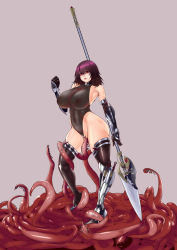 Rule 34 | 1girl, armor, asymmetrical footwear, bare shoulders, black leotard, black thighhighs, blush, boots, breasts, clenched hand, clothing aside, covered navel, curvy, elbow gloves, female focus, full body, gauntlets, gloves, greaves, hand up, high heels, highleg, highleg leotard, holding, holding weapon, huge breasts, kunai, leotard, leotard aside, linea alba, looking at viewer, medium hair, mizuki shiranui, monalica, naginata, nipples, polearm, red eyes, redesign, ribbon, shiny clothes, shiny skin, simple background, skin tight, smile, solo, standing, taimanin (series), taimanin yukikaze, tentacle pit, tentacle sex, tentacles, thighhighs, thighs, weapon