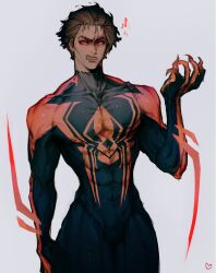 Rule 34 | 1boy, abs, absurdres, animal print, arm blade, bodysuit, cheekbones, claws, dark-skinned male, dark skin, fangs, glowing, glowing eyes, hair slicked back, highres, impossible bodysuit, impossible clothes, jv0202021, large pectorals, male focus, marvel, miguel o&#039;hara, muscular, muscular male, narrow waist, pectorals, print bodysuit, red bodysuit, red eyes, short hair, skin tight, spider-man: across the spider-verse, spider-man: into the spider-verse, spider-man (2099), spider-man (series), spider-verse, spider print, thick thighs, thighs, two-tone bodysuit, weapon