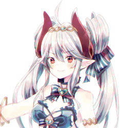Rule 34 | &gt;:), 1girl, ahoge, bare shoulders, blue bow, blush, bow, breasts, cleavage, closed mouth, commentary request, copyright request, double bun, fang, fang out, hair between eyes, hair bow, hair bun, headpiece, heart, highres, horns, kikka (kicca choco), medium breasts, pointy ears, red eyes, side bun, silver hair, simple background, smile, solo, striped, striped bow, twintails, v-shaped eyebrows, white background