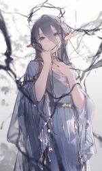 Rule 34 | 1girl, absurdres, belt, blue eyes, blurry, blurry foreground, branch, closed mouth, cowboy shot, crown of thorns, dlgeria, dress, elf, gradient background, grey hair, hair between eyes, hand on own chest, head tilt, highres, long hair, looking at viewer, original, pointy ears, purple dress, solo, white background, wide sleeves