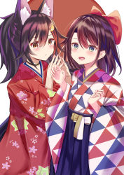 Rule 34 | 2girls, :d, animal ear fluff, animal ears, black hair, blue hakama, blush, bow, brown background, brown eyes, brown hair, closed mouth, commentary request, floral print, green eyes, hair between eyes, hair bow, hakama, hakama skirt, hands up, highres, hololive, japanese clothes, kimono, long hair, long sleeves, looking at viewer, multicolored hair, multiple girls, natsuki (natukituki), new year, ookami mio, ookami mio (new year), oozora subaru, oozora subaru (new year), open mouth, print kimono, red bow, red hair, red kimono, skirt, smile, steepled fingers, streaked hair, two-tone background, virtual youtuber, white background, wide sleeves, wolf ears