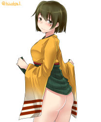 Rule 34 | 1girl, absurdres, ass, brown eyes, brown hair, clothes lift, green hakama, hair between eyes, hakama, hakama lift, hakama short skirt, hakama skirt, highres, hiryuu (kancolle), japanese clothes, kantai collection, kimono, kiritto, lifting own clothes, long sleeves, one side up, orange kimono, short hair, simple background, skirt, solo, twitter username, white background, wide sleeves