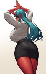 Rule 34 | 1girl, black skirt, blue hair, breasts, cinko, colored skin, commentary, english commentary, floating hair, from behind, glasses, gradient background, hair behind ear, highres, horns, huge breasts, licking lips, long hair, looking back, office lady, oni, oni horns, original, paid reward available, pencil skirt, pointy ears, red skin, shirt, shirt tucked in, skirt, smile, solo, tongue, tongue out, white shirt