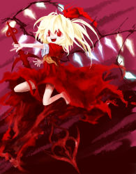 Rule 34 | 1girl, :d, absurdres, ascot, asymmetrical wings, bare legs, barefoot, blonde hair, blush, crazy eyes, crazy smile, diamond (shape), dress, facing away, fangs, flandre scarlet, flat chest, gem, hair between eyes, hair ribbon, highres, holding, holding polearm, holding spear, holding weapon, koumajou densetsu, laevatein, legs apart, long hair, looking at viewer, official style, open mouth, orange ascot, polearm, purple background, red dress, red eyes, red ribbon, ribbon, short sleeves, side ponytail, smile, solo, spear, teeth, tongue, torn clothes, torn dress, torn ribbon, touhou, weapon, wings, yuki-ichigo, zun (style)