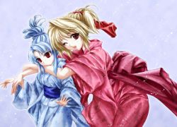 Rule 34 | 00s, 2girls, alternate costume, alternate hairstyle, arcueid brunestud, blonde hair, blue hair, expressionless, folded ponytail, hair ribbon, hug, hug from behind, japanese clothes, kimono, len (tsukihime), long hair, looking at viewer, looking away, multiple girls, one eye closed, red eyes, ribbon, sash, short hair, size difference, smile, snow, tsukihime, very long hair