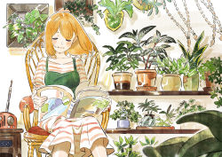 Rule 34 | 1girl, apron, blush, book, chair, closed eyes, closed mouth, dress, green apron, holding, holding book, indoors, medium hair, orange hair, original, plant, pot, potted plant, radio, rocking chair, shelf, signature, sitting, solo, striped clothes, striped dress, umishima senbon