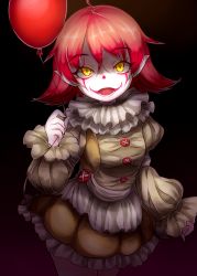 Rule 34 | 1girl, balloon, clown, collar, dress, face paint, female focus, frilled collar, frills, genderswap, genderswap (mtf), highres, it (stephen king), open mouth, pennywise, pointy ears, red hair, safuran (shayakko), short hair, solo, yellow eyes