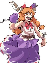 Rule 34 | 1girl, :d, absurdres, armpits, blunt bangs, blush, bow, bowtie, breasts, chain, commentary, eddybird55555, english commentary, gourd, hair bow, highres, holding gourd, horns, ibuki suika, long hair, looking at viewer, oni horns, open mouth, orange eyes, orange hair, purple skirt, red bow, red bowtie, sharp teeth, shirt, skirt, sleeveless, small breasts, smile, solo, teeth, toned, torn clothes, touhou, very long hair, white shirt