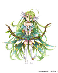 Rule 34 | 1girl, :o, ahoge, bow (weapon), copyright request, dress, full body, gloves, green dress, green eyes, green gloves, green hair, head tilt, head wings, holding, holding bow (weapon), holding weapon, long hair, official art, pointy ears, simple background, solo, standing, very long hair, weapon, white background, wings, yoshino35