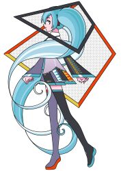 Rule 34 | 1girl, absurdly long hair, aqua hair, black footwear, boots, full body, grey shirt, halftone, hatsune miku, highres, long hair, long sleeves, machigami yoh, pleated skirt, profile, shirt, skirt, sleeveless, sleeveless shirt, smile, solo, standing, thigh boots, twintails, very long hair, vocaloid, white background