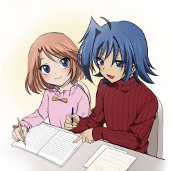 Rule 34 | 10s, 1boy, 1girl, ahoge, blue eyes, brother and sister, brown hair, cardfight!! vanguard, highres, open mouth, sendou aichi, sendou emi, shijimi (outa), short hair, siblings, sweater, turtleneck