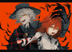 Rule 34 | + +, 1boy, 1girl, alternate hair length, alternate hairstyle, black cloak, black gloves, black jacket, brooch, cloak, collared shirt, command spell, commentary request, edmond dantes (fate), fate/grand order, fate (series), fujimaru ritsuka (female), fujimaru ritsuka (female) (decisive battle chaldea uniform), gloves, grey hair, hair over one eye, hat, jacket, jewelry, letterboxed, looking at viewer, medium hair, official alternate costume, open mouth, orange hair, red background, ringo 2000, shirt, simple background, smile, teeth, upper body, white jacket, yellow eyes
