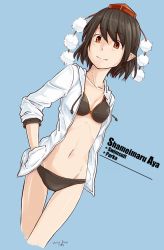 Rule 34 | 1girl, bikini, black bikini, black hair, blue background, brown eyes, character name, collarbone, dated, female focus, groin, hand in pocket, hat, hood, hoodie, jacket, jacket over swimsuit, kawashina (momen silicon), looking at viewer, navel, pointy ears, pom pom (clothes), shameimaru aya, short hair, simple background, sleeves pushed up, smile, solo, swimsuit, tokin hat, touhou