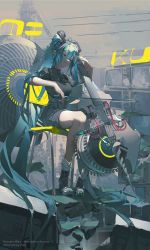 Rule 34 | 1girl, aqua hair, artist name, black footwear, black shirt, blue hair, boots, bow (music), breasts, cello, chair, debris, english text, hair between eyes, hatsune miku, highres, holding, instrument, long hair, music, playing instrument, rubble, shirt, short sleeves, shorts, sitting, smile, solo, twintails, very long hair, vocaloid, z3zz4