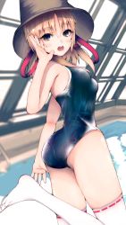 Rule 34 | 1girl, bad id, bad pixiv id, blonde hair, blue one-piece swimsuit, blurry, brown hat, competition school swimsuit, darumoon, day, depth of field, from behind, from side, hair between eyes, hat, highres, indoors, looking at viewer, looking back, medium hair, moriya suwako, one-piece swimsuit, open mouth, parted bangs, rei no pool, round teeth, school swimsuit, sidelocks, solo, standing, standing on one leg, swimsuit, teeth, thighhighs, thighs, touhou, upper teeth only, white thighhighs, yellow eyes