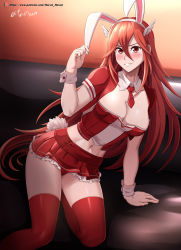 Rule 34 | 1girl, absurdres, alternate costume, animal ears, blush, breasts, rabbit ears, cleavage, cordelia (fire emblem), detached collar, fake animal ears, fire emblem, fire emblem awakening, hair ornament, highres, large breasts, long hair, looking at viewer, navel, nintendo, parted lips, red eyes, red hair, solo, vilde loh hocen, watermark, web address, wrist cuffs
